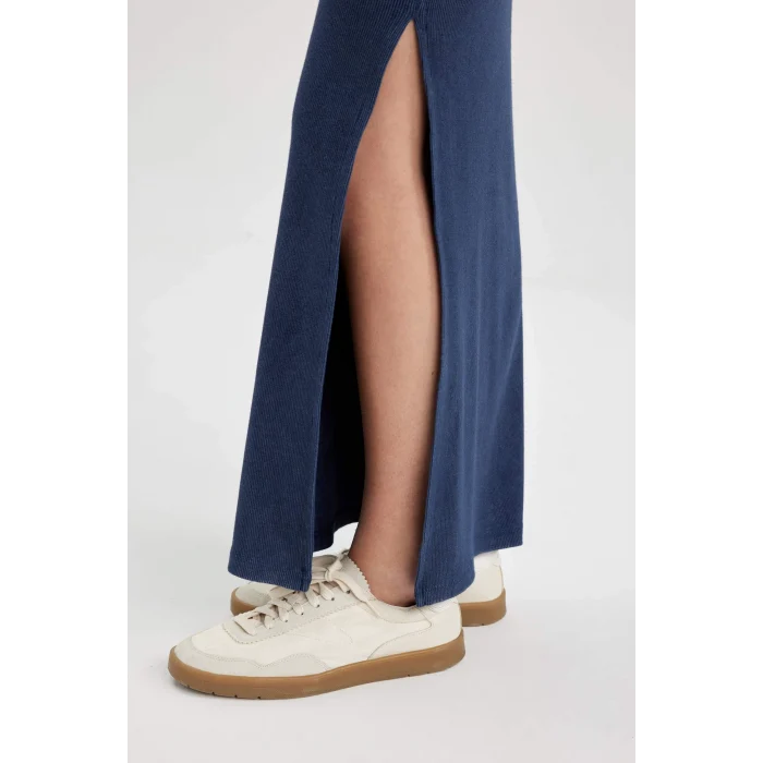 Defacto C1653 Lacivert Fitilli Kaşkorse Yırtmaçlı Yıkamalı Soluk Efektli Maxi Etek