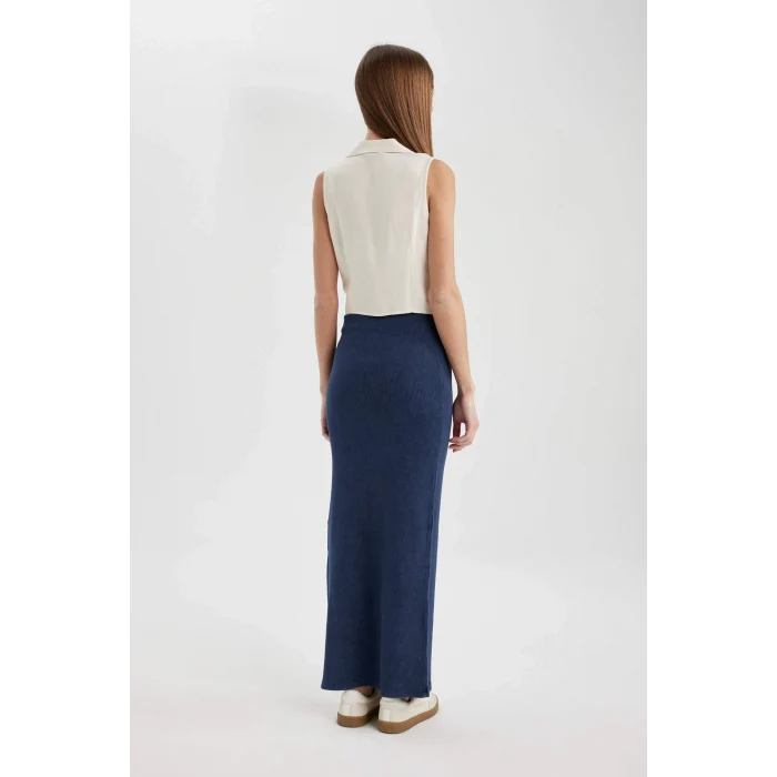 Defacto C1653 Lacivert Fitilli Kaşkorse Yırtmaçlı Yıkamalı Soluk Efektli Maxi Etek