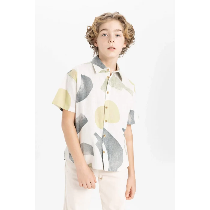Defacto B6114 Ekru Erkek Çocuk Oversize Geniş Kalıp Polo Yaka Desenli Kısa Kollu Gömlek