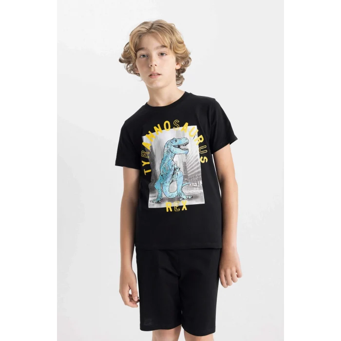 Defacto C5499 Siyah Erkek Çocuk Baskılı Pijama Takımı Kısa Kollu Üst Şort