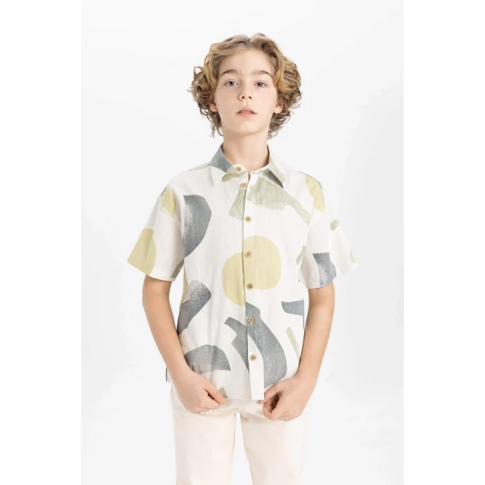 Defacto B6114 Ekru Erkek Çocuk Oversize Geniş Kalıp Polo Yaka Desenli Kısa Kollu Gömlek