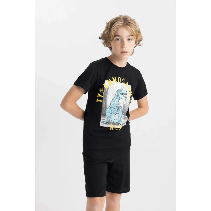 Defacto C5499 Siyah Erkek Çocuk Baskılı Pijama Takımı Kısa Kollu Üst Şort