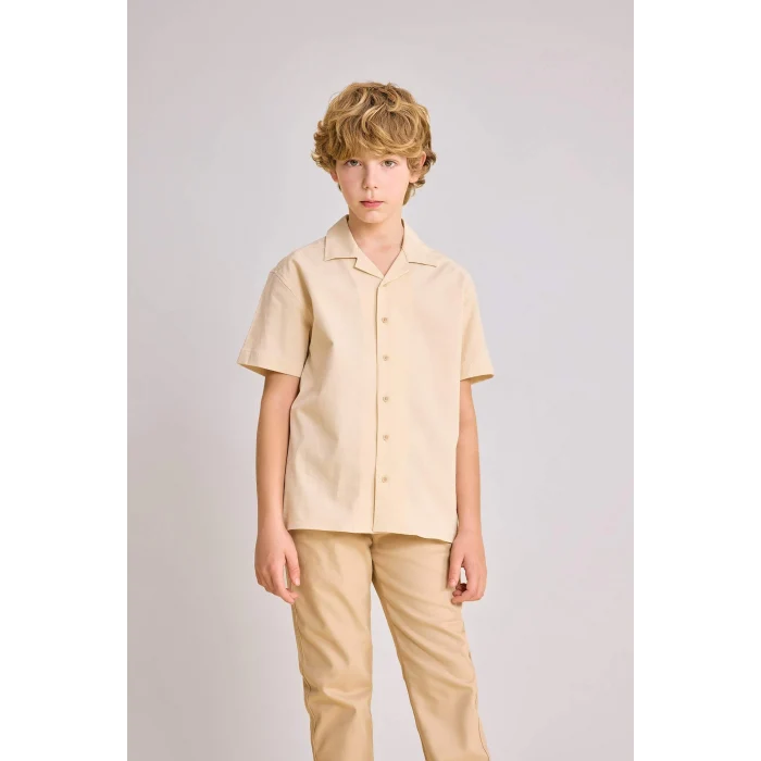 Defacto B6620 Bej Erkek Çocuk Oversize Geniş Kalıp Polo Yaka Gofre Dokulu Kısa Kollu Gömlek