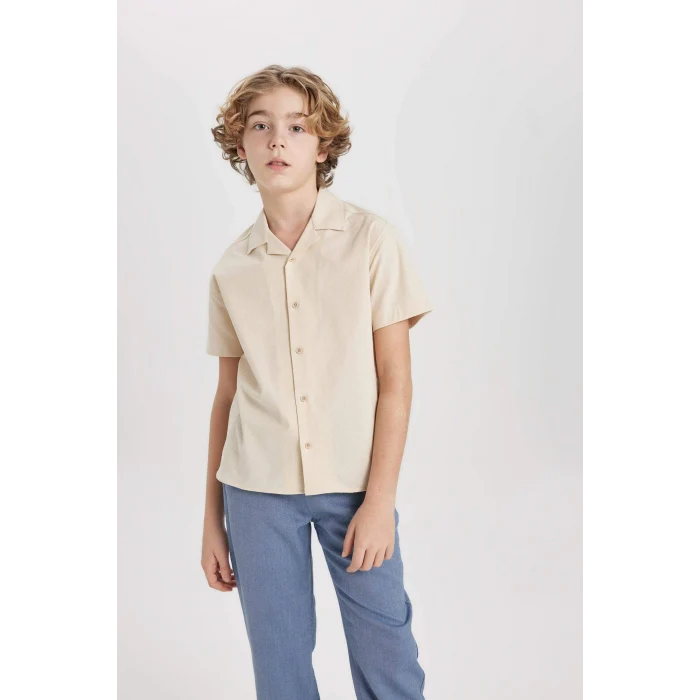 Defacto B6620 Bej Erkek Çocuk Oversize Geniş Kalıp Polo Yaka Gofre Dokulu Kısa Kollu Gömlek