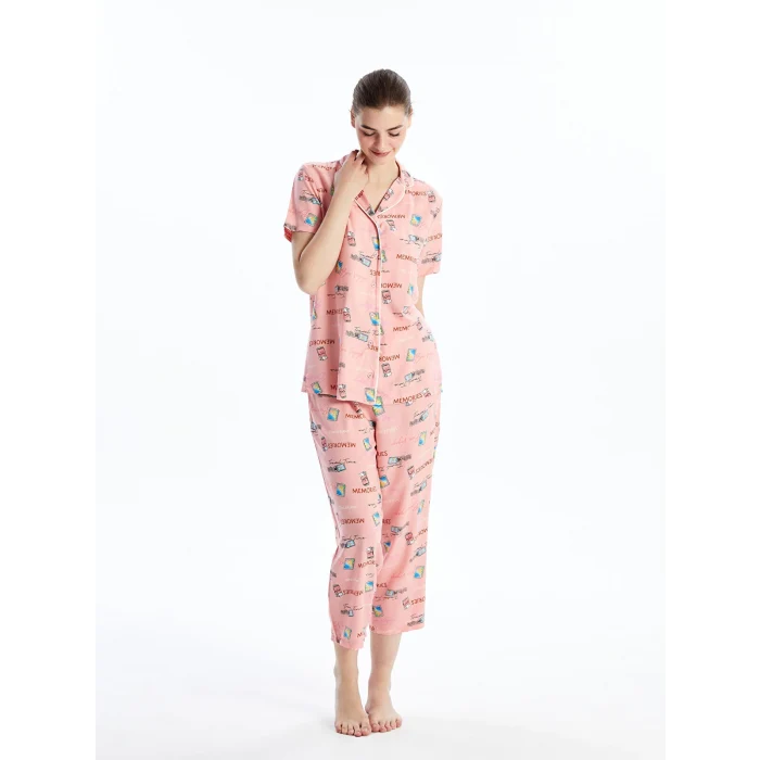 LCW DREAM PEMBE Gömlek Yaka Desenli Kısa Kollu Kadın Kaprili Pijama Takımı