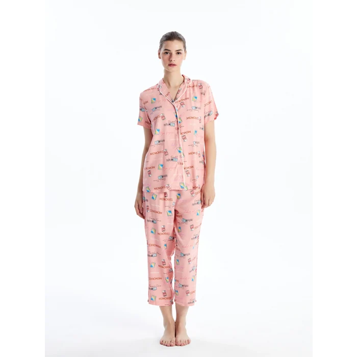 LCW DREAM PEMBE Gömlek Yaka Desenli Kısa Kollu Kadın Kaprili Pijama Takımı