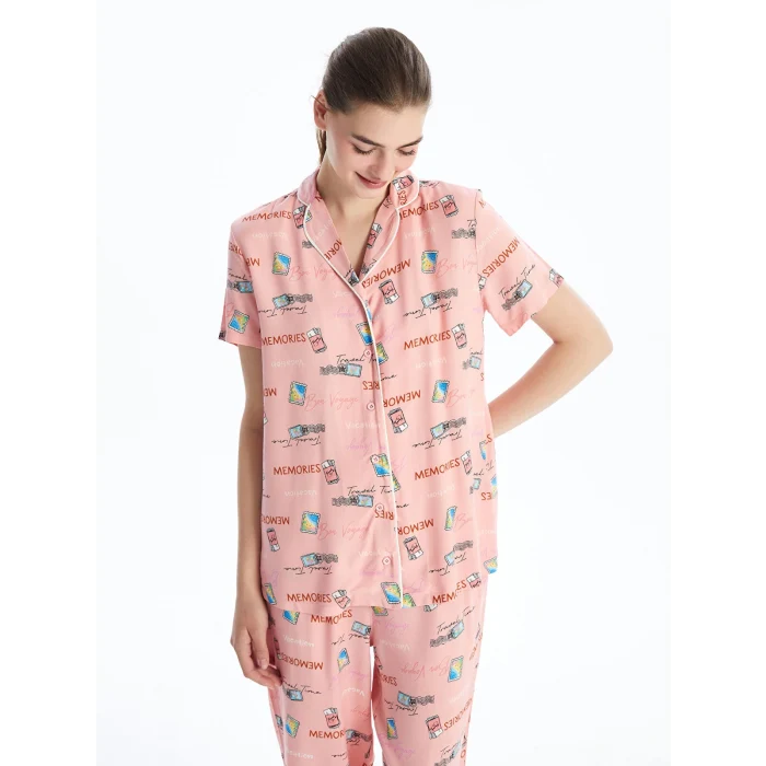 LCW DREAM PEMBE Gömlek Yaka Desenli Kısa Kollu Kadın Kaprili Pijama Takımı