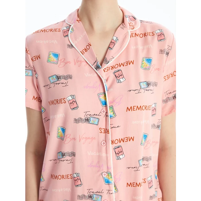 LCW DREAM PEMBE Gömlek Yaka Desenli Kısa Kollu Kadın Kaprili Pijama Takımı