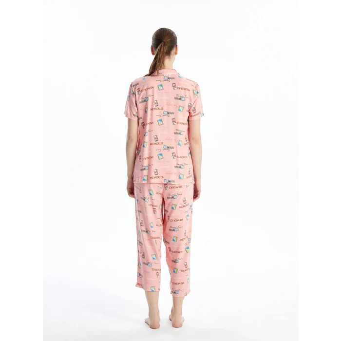 LCW DREAM PEMBE Gömlek Yaka Desenli Kısa Kollu Kadın Kaprili Pijama Takımı