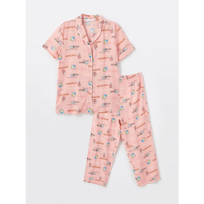 LCW DREAM PEMBE Gömlek Yaka Desenli Kısa Kollu Kadın Kaprili Pijama Takımı