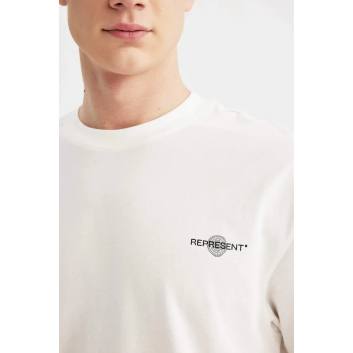 Defacto B4369 Ekru Comfort Regular Fit Rahat Kalıp Bisiklet Yaka Sırt Baskılı Kısa Kollu Tişört