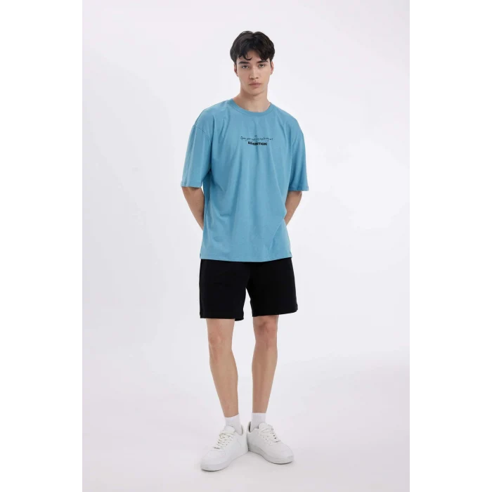 Defacto C4084 Mavi Oversize Geniş Kalıp Bisiklet Yaka Sırt Baskılı Kısa Kollu Tişört
