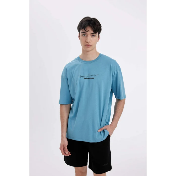 Defacto C4084 Mavi Oversize Geniş Kalıp Bisiklet Yaka Sırt Baskılı Kısa Kollu Tişört