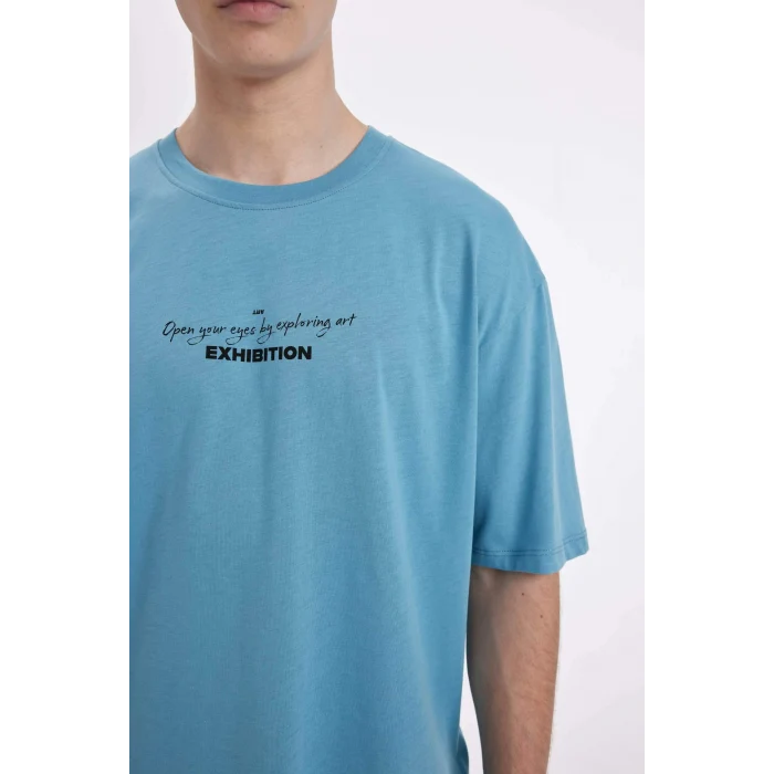 Defacto C4084 Mavi Oversize Geniş Kalıp Bisiklet Yaka Sırt Baskılı Kısa Kollu Tişört