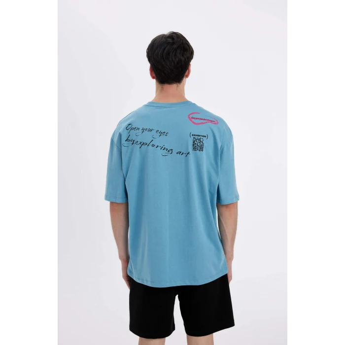 Defacto C4084 Mavi Oversize Geniş Kalıp Bisiklet Yaka Sırt Baskılı Kısa Kollu Tişört