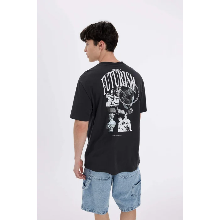 Defacto C5649 Antrasit Regular Fit Bisiklet Yaka Sırt Baskılı Kısa Kollu Tişört