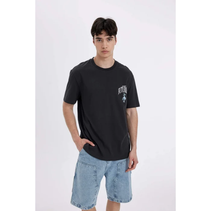 Defacto C5649 Antrasit Regular Fit Bisiklet Yaka Sırt Baskılı Kısa Kollu Tişört