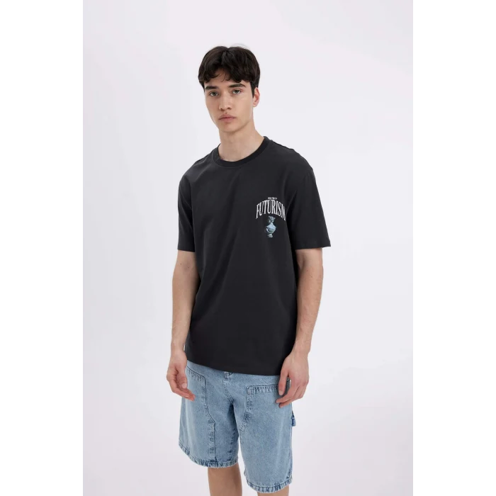 Defacto C5649 Antrasit Regular Fit Bisiklet Yaka Sırt Baskılı Kısa Kollu Tişört