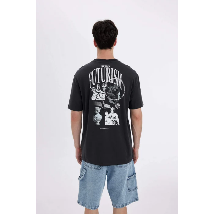 Defacto C5649 Antrasit Regular Fit Bisiklet Yaka Sırt Baskılı Kısa Kollu Tişört