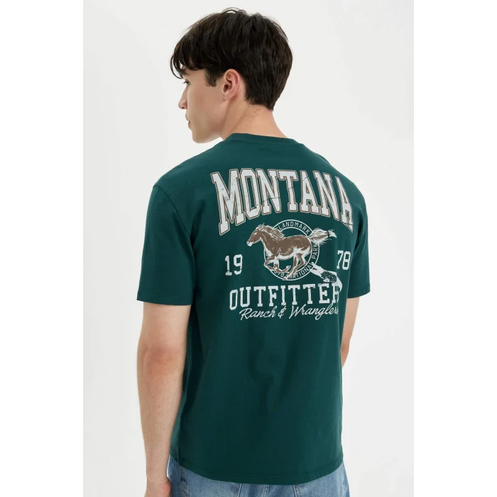 Defacto C5672 Yeşil Regular Fit Bisiklet Yaka Sırt Baskılı Kısa Kollu Tişört