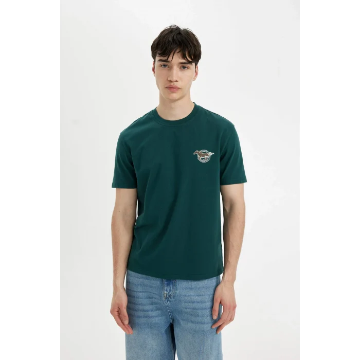 Defacto C5672 Yeşil Regular Fit Bisiklet Yaka Sırt Baskılı Kısa Kollu Tişört