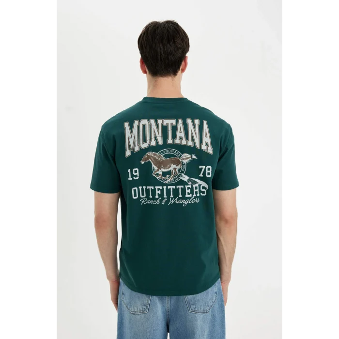 Defacto C5672 Yeşil Regular Fit Bisiklet Yaka Sırt Baskılı Kısa Kollu Tişört