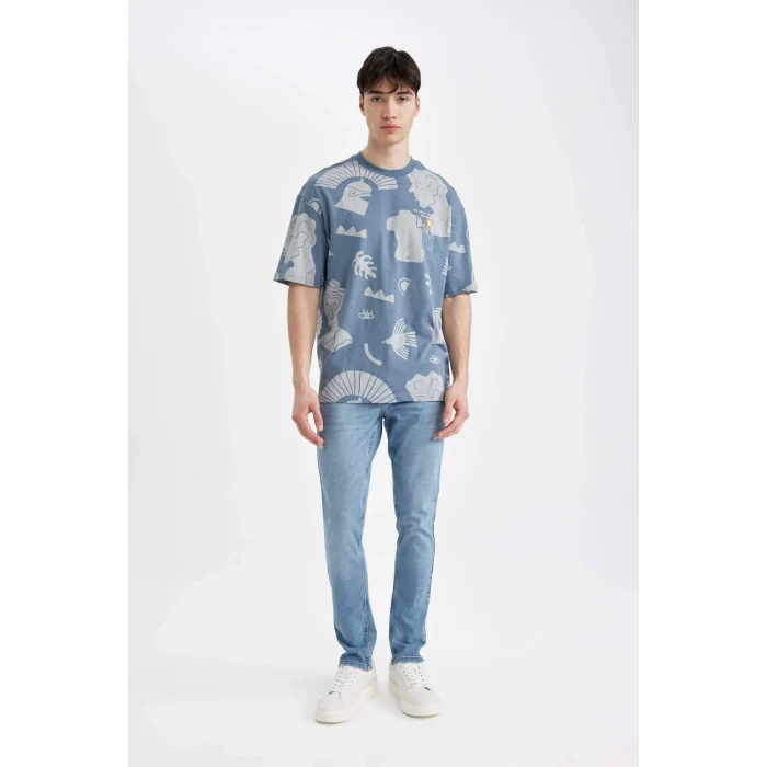 Defacto C3488 İndigo Comfort Regular Fit Rahat Kalıp Bisiklet Yaka Desenli Kısa Kollu Tişört