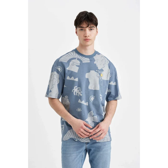 Defacto C3488 İndigo Comfort Regular Fit Rahat Kalıp Bisiklet Yaka Desenli Kısa Kollu Tişört