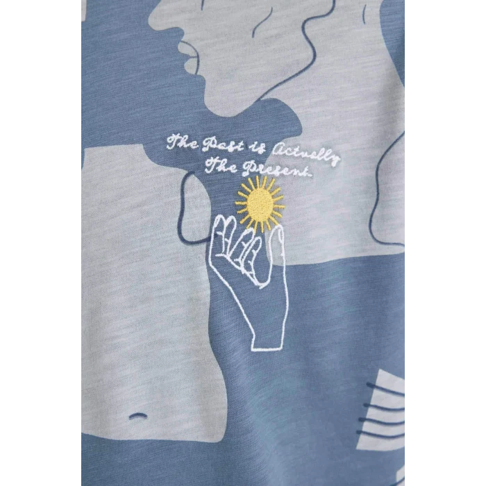 Defacto C3488 İndigo Comfort Regular Fit Rahat Kalıp Bisiklet Yaka Desenli Kısa Kollu Tişört