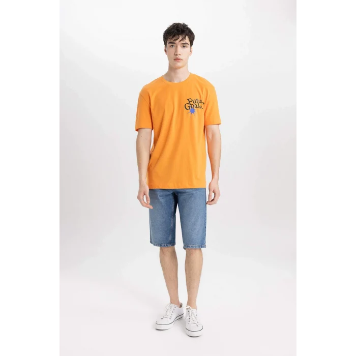 Defacto B9003 Turuncu Regular Fit Bisiklet Yaka Sırt Baskılı Kısa Kollu Tişört