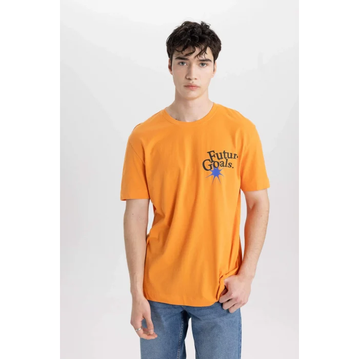 Defacto B9003 Turuncu Regular Fit Bisiklet Yaka Sırt Baskılı Kısa Kollu Tişört