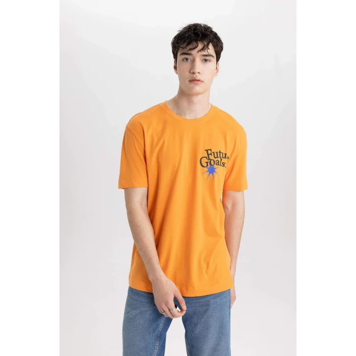 Defacto B9003 Turuncu Regular Fit Bisiklet Yaka Sırt Baskılı Kısa Kollu Tişört
