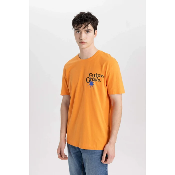 Defacto B9003 Turuncu Regular Fit Bisiklet Yaka Sırt Baskılı Kısa Kollu Tişört