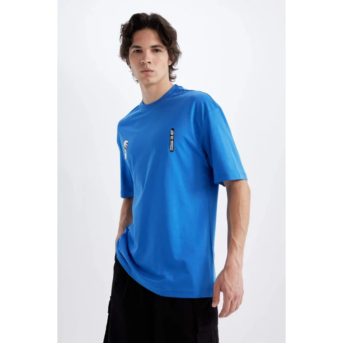 Defacto C5752 Mavi Comfort Regular Fit Rahat Kalıp Bisiklet Yaka Sırt Baskılı Kısa Kollu Tişört