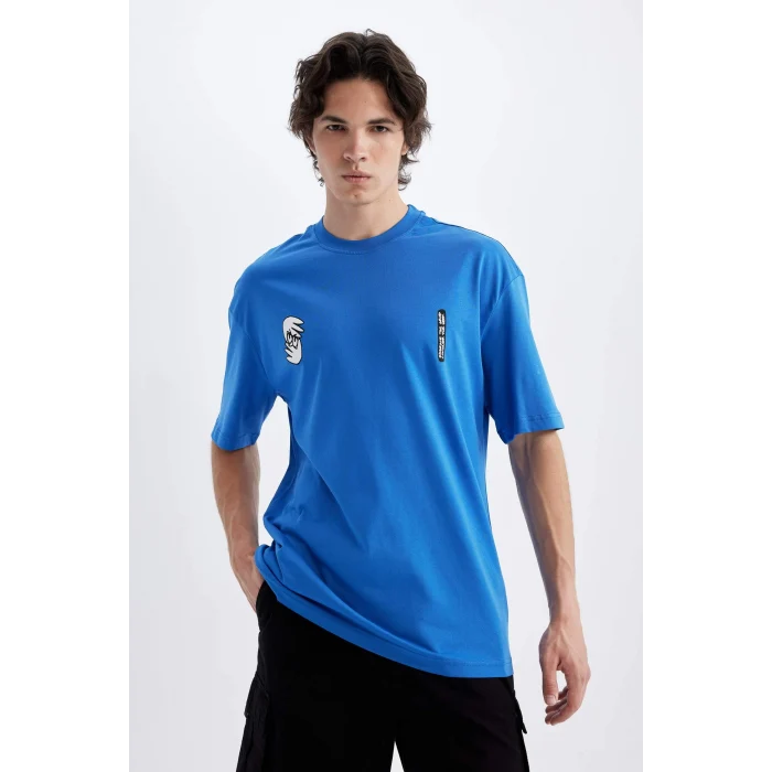 Defacto C5752 Mavi Comfort Regular Fit Rahat Kalıp Bisiklet Yaka Sırt Baskılı Kısa Kollu Tişört