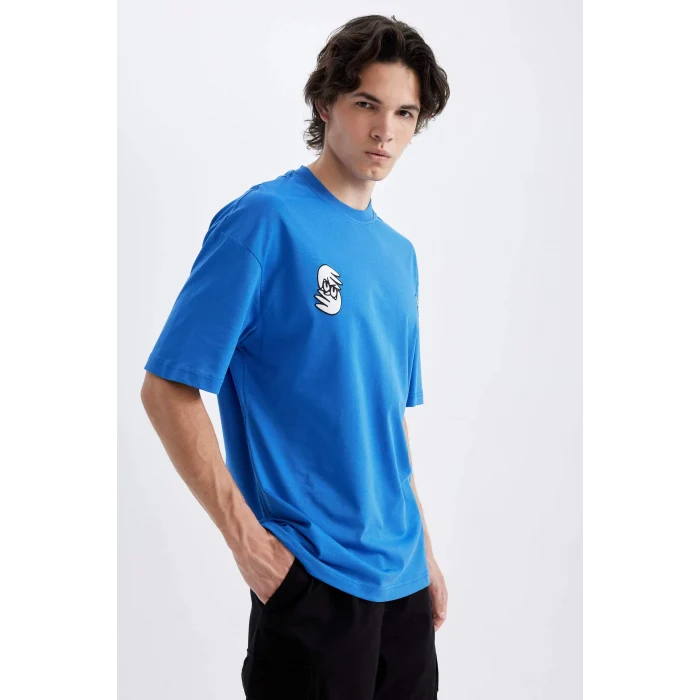 Defacto C5752 Mavi Comfort Regular Fit Rahat Kalıp Bisiklet Yaka Sırt Baskılı Kısa Kollu Tişört