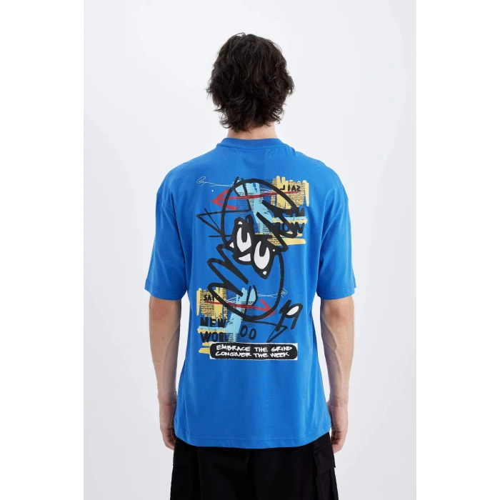 Defacto C5752 Mavi Comfort Regular Fit Rahat Kalıp Bisiklet Yaka Sırt Baskılı Kısa Kollu Tişört