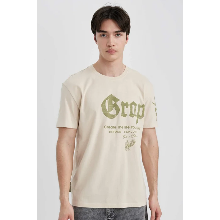 Defacto B8484 Bej Regular Fit Bisiklet Yaka Baskılı Kısa Kollu Tişört