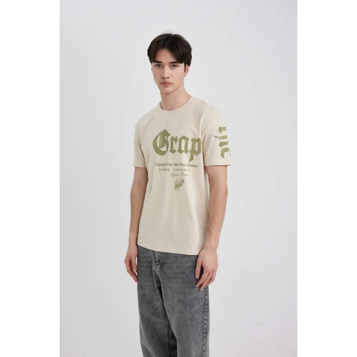 Defacto B8484 Bej Regular Fit Bisiklet Yaka Baskılı Kısa Kollu Tişört
