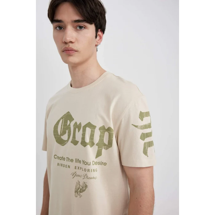 Defacto B8484 Bej Regular Fit Bisiklet Yaka Baskılı Kısa Kollu Tişört