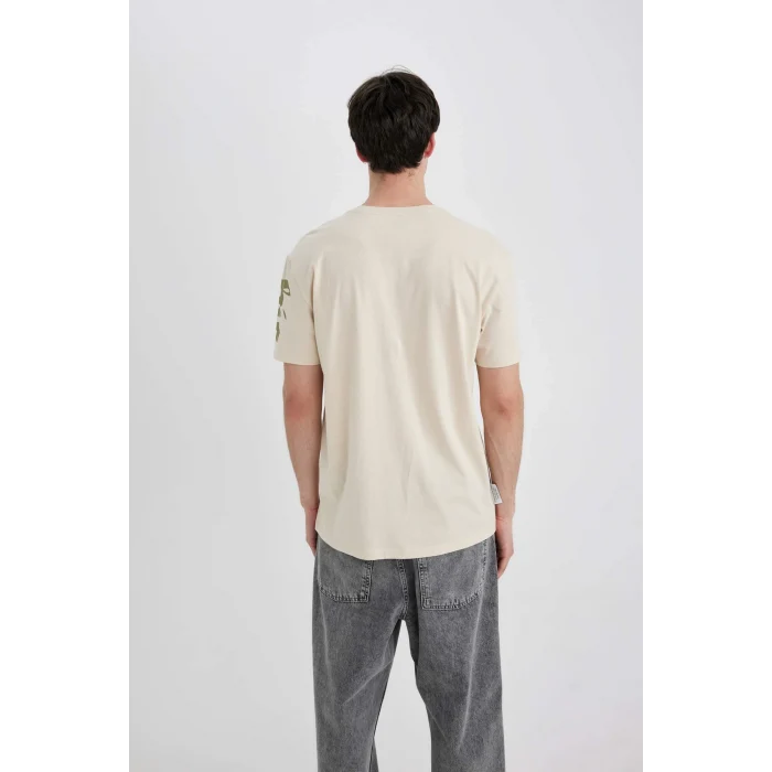 Defacto B8484 Bej Regular Fit Bisiklet Yaka Baskılı Kısa Kollu Tişört