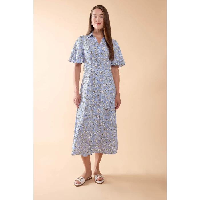 Defacto D2836 Mavi Desenli Gömlek Yaka Kısa Kollu Midi Elbise
