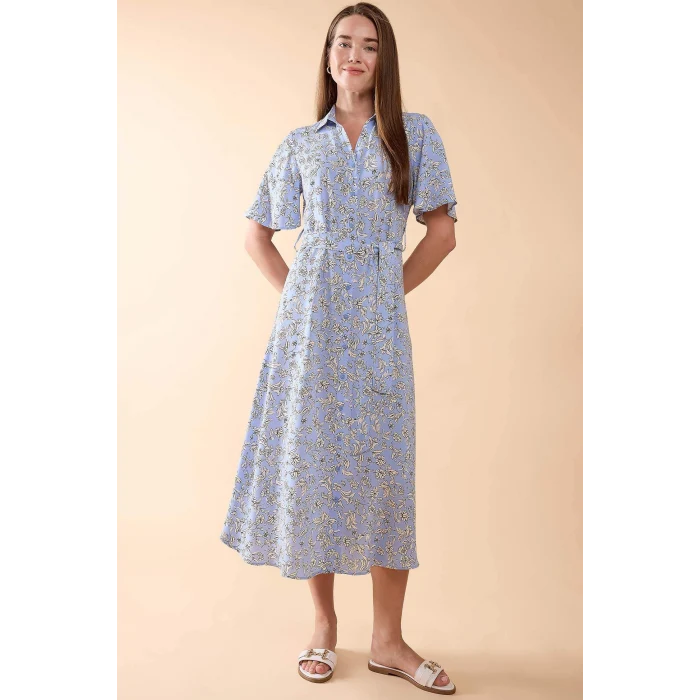 Defacto D2836 Mavi Desenli Gömlek Yaka Kısa Kollu Midi Elbise