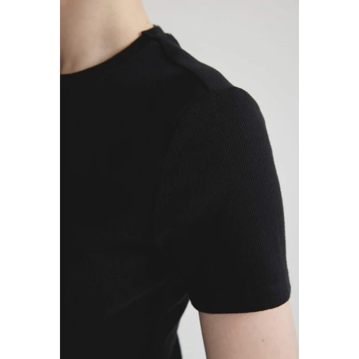 Defacto C1503 Siyah Coool Bodycon Vücudu Saran Bisiklet Yaka Fitilli Kaşkorse Kısa Kollu Mini Elbise