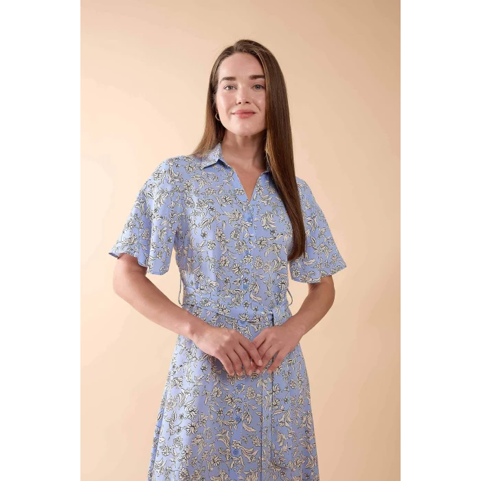 Defacto D2836 Mavi Desenli Gömlek Yaka Kısa Kollu Midi Elbise