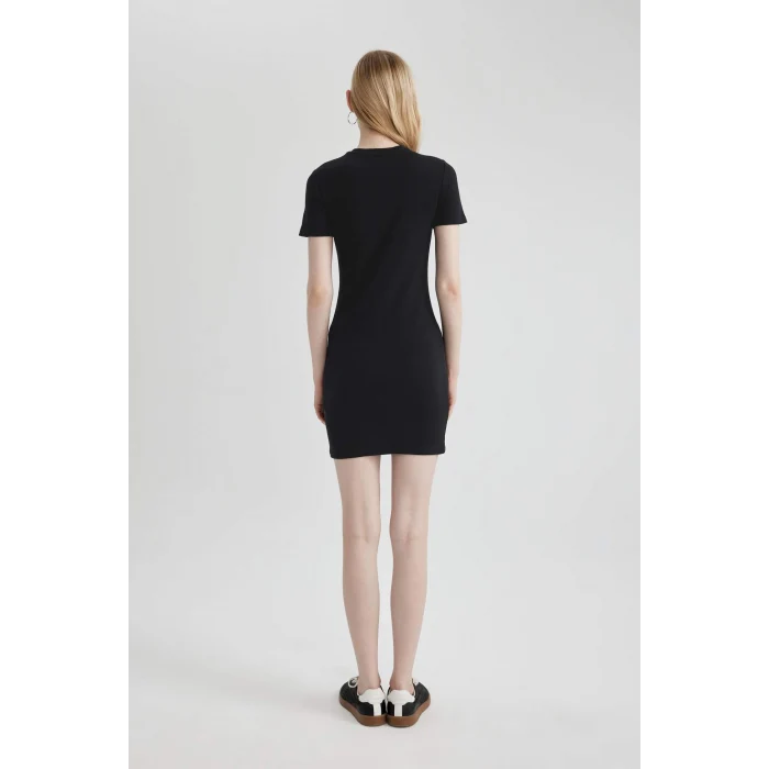 Defacto C1503 Siyah Coool Bodycon Vücudu Saran Bisiklet Yaka Fitilli Kaşkorse Kısa Kollu Mini Elbise