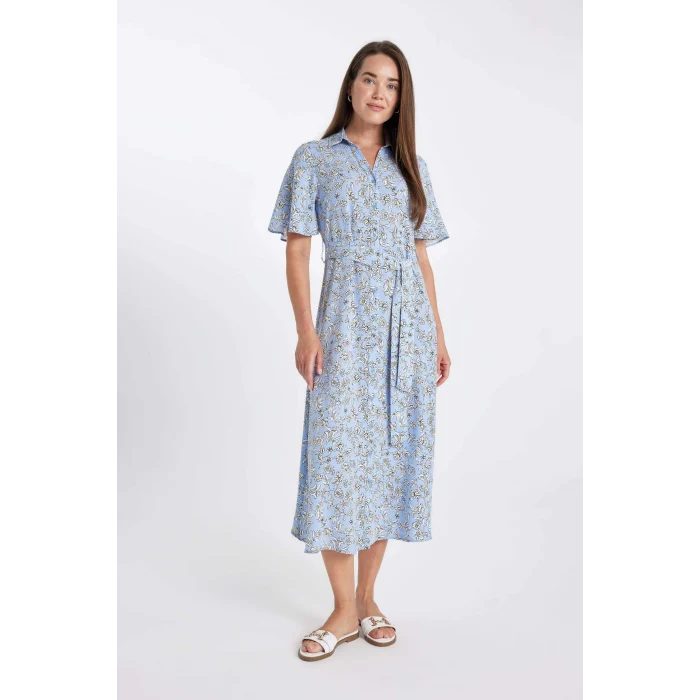 Defacto D2836 Mavi Desenli Gömlek Yaka Kısa Kollu Midi Elbise