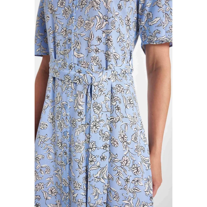 Defacto D2836 Mavi Desenli Gömlek Yaka Kısa Kollu Midi Elbise