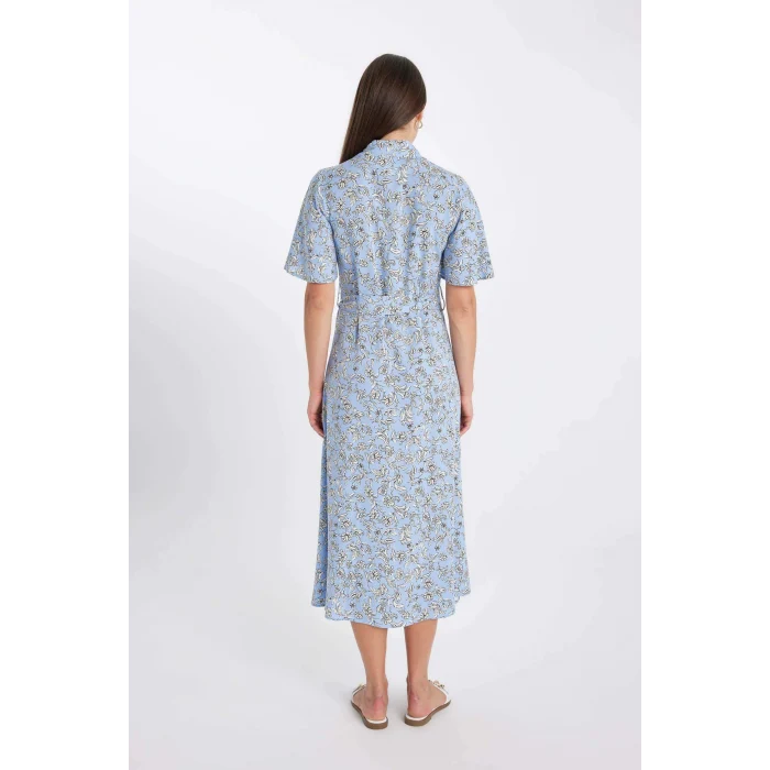 Defacto D2836 Mavi Desenli Gömlek Yaka Kısa Kollu Midi Elbise