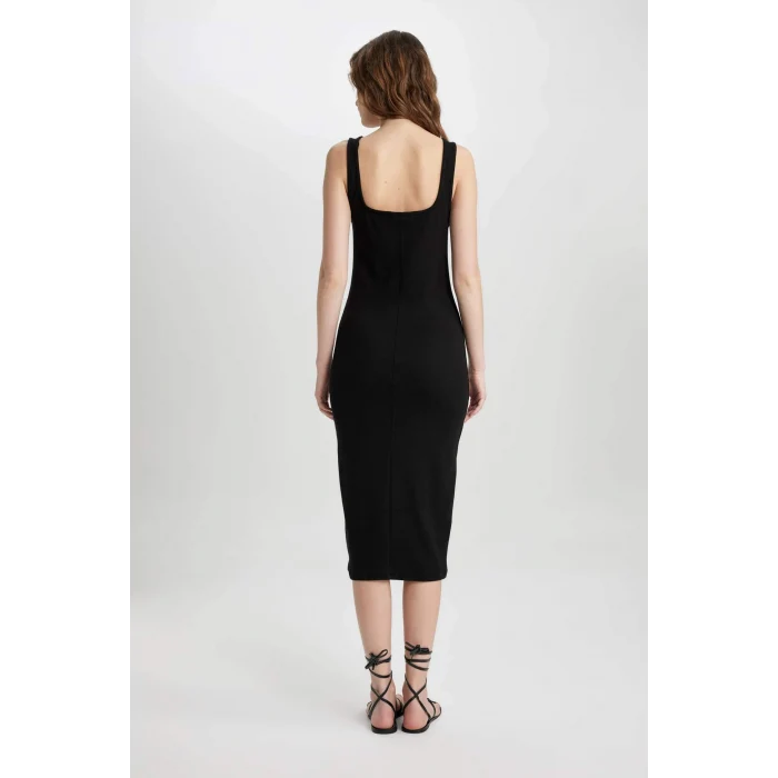 Defacto Z7577 Siyah Bodycon Vücuda Oturan Basic Düz Kare Yaka Fitilli Kaşkorse Kolsuz Midi Elbise